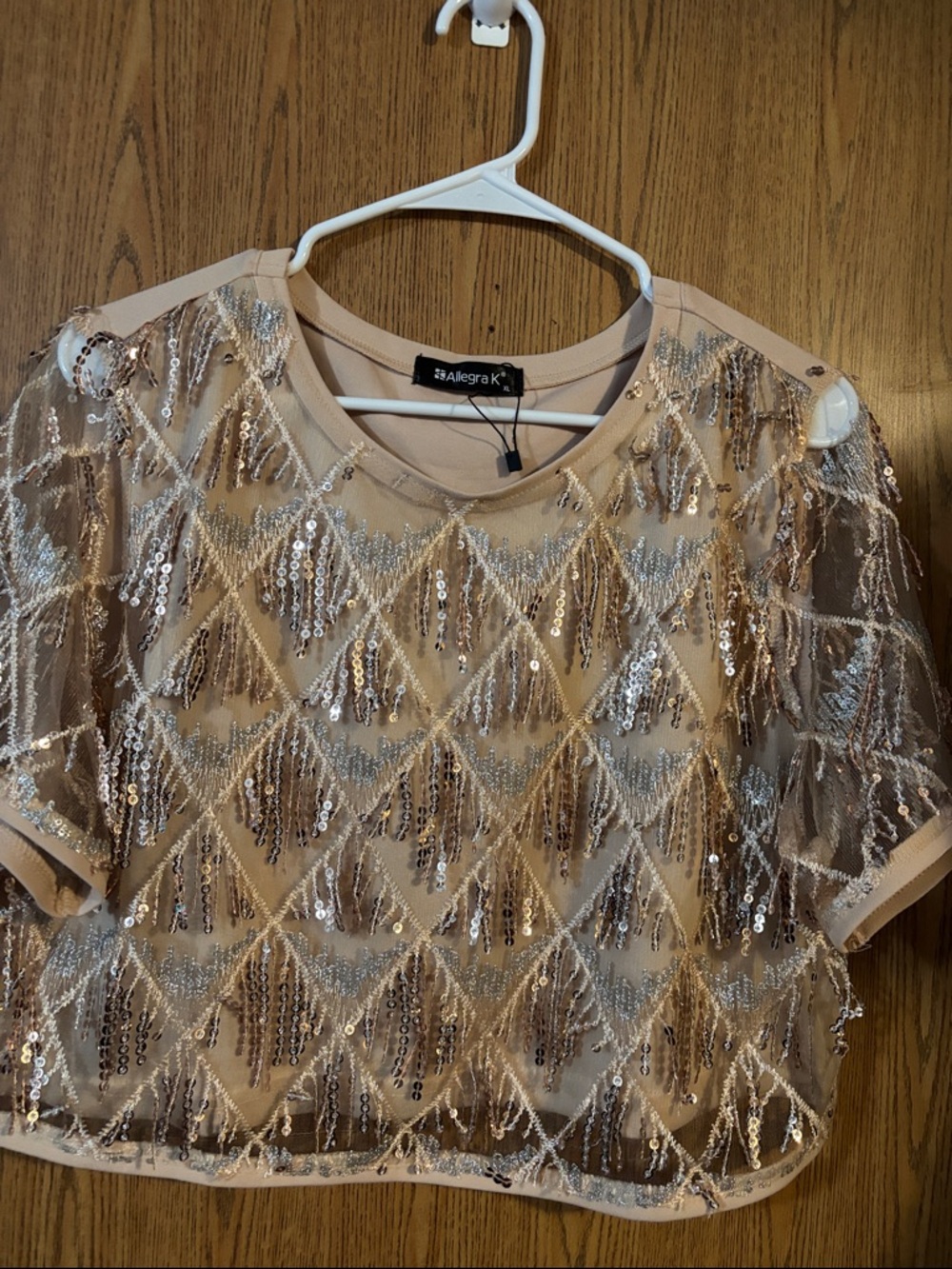 Allegra K Nude Sequin Tassel Mesh Crop Top